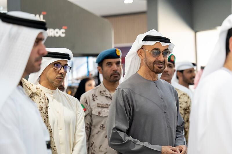 President Sheikh Mohamed tours the airshow. Seen with Sheikh Mansour bin Zayed, UAE Deputy Prime Minister and Minister of the Presidential Court.