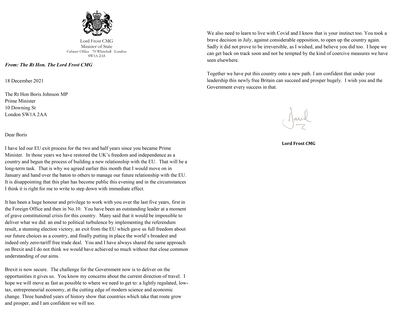Lord Frost's letter to Prime Minister Boris Johnson, tendering his resignation. PA