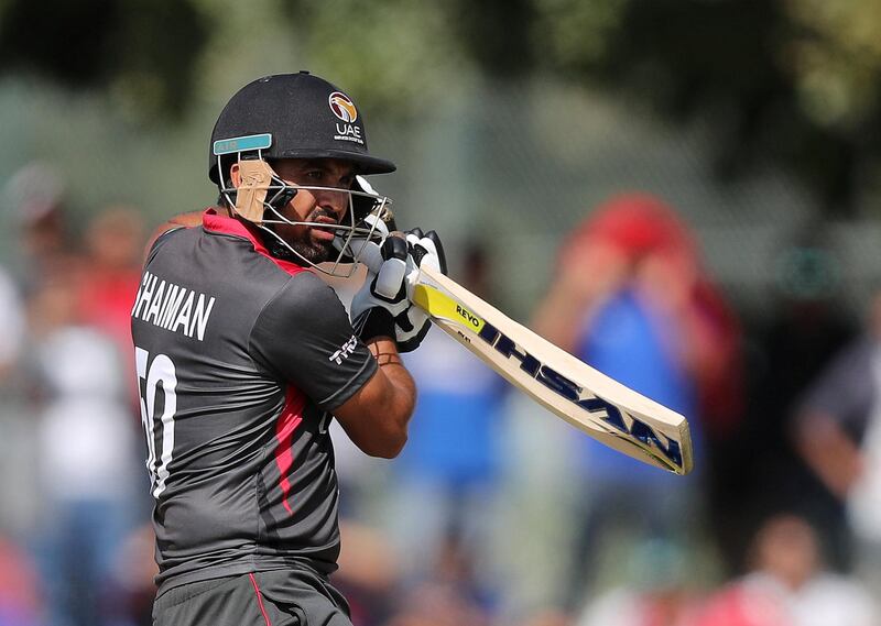 Dubai, United Arab Emirates - January 31, 2019: Shaiman Anwar of the UAE bats in the the match between the UAE and Nepal in an international T20 series. Thursday, January 31st, 2019 at ICC, Dubai. Chris Whiteoak/The National