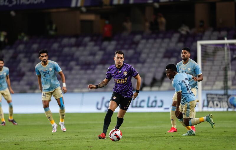 Al Ain’s Caio Canedo makes a move against Al Dhafra in matchweek-9 of the Adnoc Pro League at the Hazza bin Zayed stadium. Photo: PLC