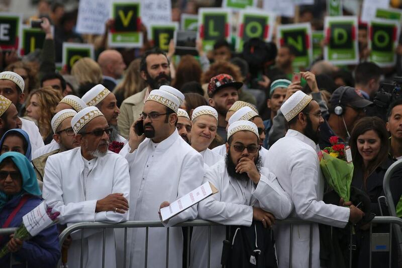 Muslims join others during a vigil at Potters Fields Park in London to commemorate the victims of the terrorist attack on London Bridge and at Borough Market. Daniel Leal-Olivas / AFP

