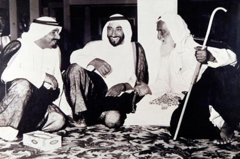 Sheikh Rashid played a key conciliatory rule during negotiations to form the United Arab Emirates after the British announced their plans for withdrawal in 1971. Here Sheikh Rashid, right, relaxes with Sheikh Zayed bin Sultan, center, and his son, the current Ajman Ruler Sheikh Humaid bin Rashid. 

Photo courtesy Media Prima/Ajman Museum