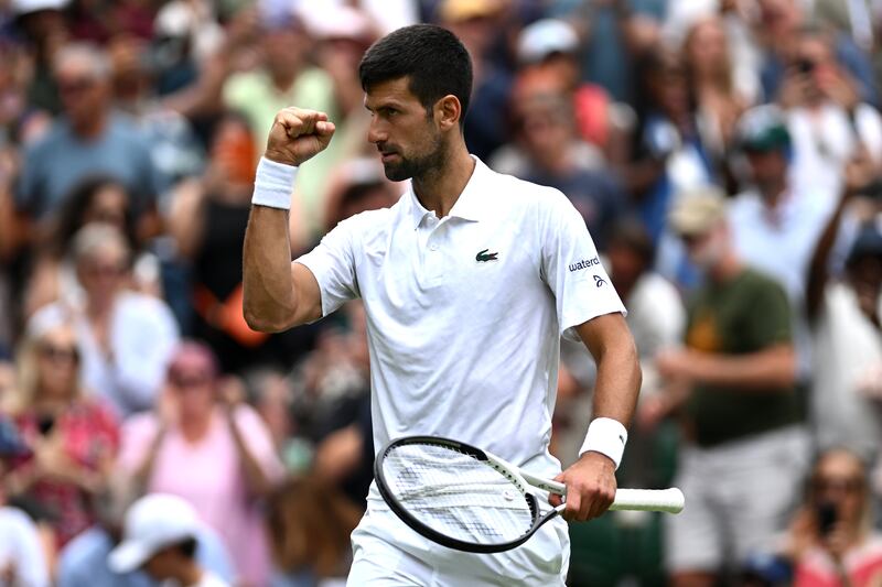 Novak Djokovic celebrates after his fourth-round victory against Hubert Hurkacz at Wimbledon on July 10, 2023. Getty