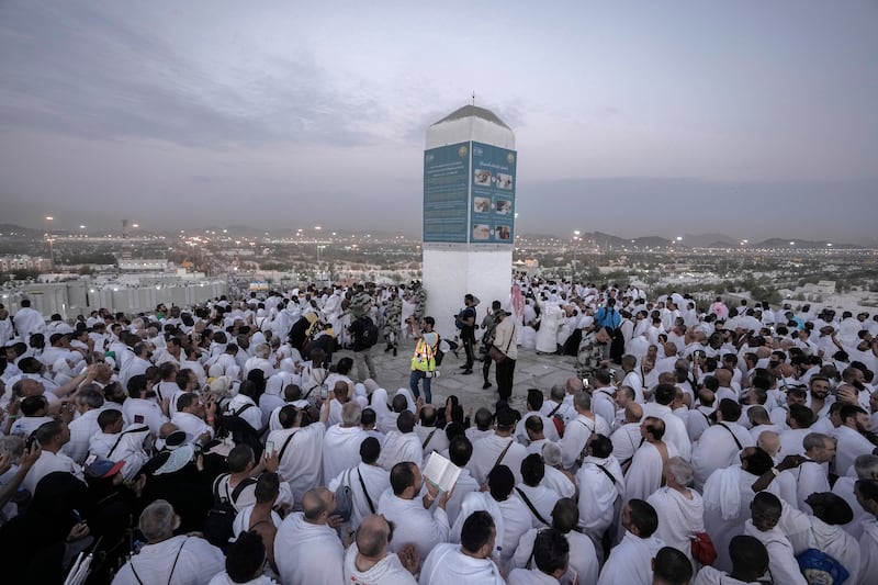 Muslim pilgrims gather at top of the rocky hill known as Mount Arafat, where the Prophet Mohammed gave his final sermon. AP