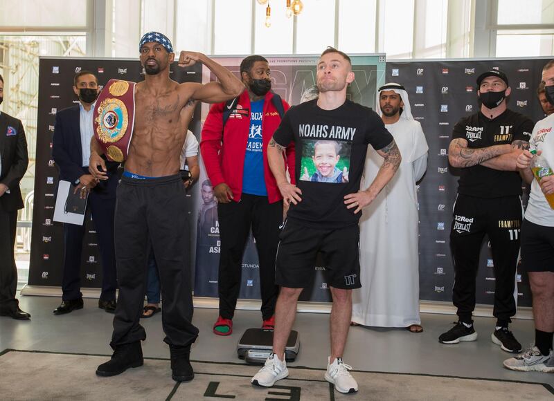 Dubai, United Arab Emirates - Jamel Herring (USA) and Carl Frampton (Northern Ireland) at the weigh-in  at Leva Hotel, Sheikh Zayed Road.  Leslie Pableo for The National for Amith Pasella's story