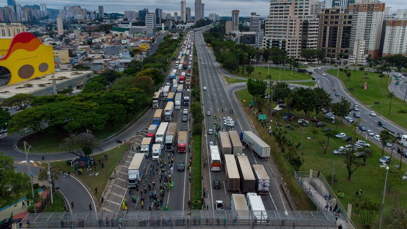 A lorry blockade by supporters of President Jair Bolsonaro on the outskirts of Sao Paulo, on November 2.  AFP