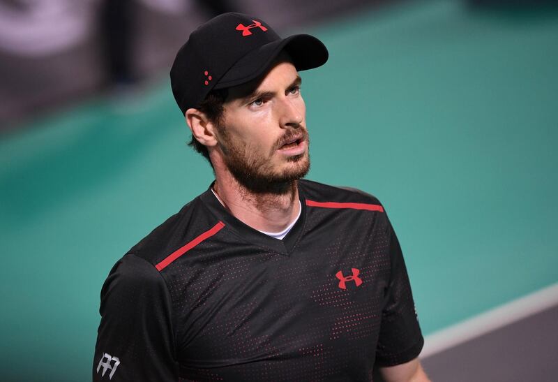 epa06409354 Britain's Andy Murray reacts during an exhibition match against Roberto Bautista Agut of Spain at the World Tennis Championship in Abu Dhabi, UAE, 29 December 2017.  EPA/MARTIN DOKOUPIL