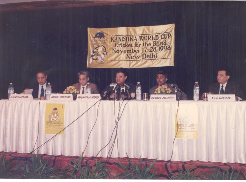 The November 1998 press conference on the eve of the inaugural Kanishka World Cup, so named after the hotel that put up the blind players for a subsidised rate. Photo: George Abraham