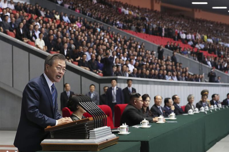 South Korean President Moon Jae-in delivered a speech to a massive North Korean crowd gathered for mass games, calling for the rival Koreas to end seven decades of hostility and build a future of peace and prosperity. Getty Images