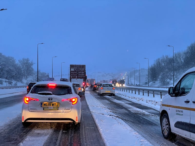 Traffic at a standstill on the M62 motorway in northern England, after Storm Larisa brought gales and blizzards to much of the UK. PA