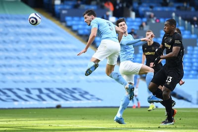 MANCHESTER, ENGLAND - FEBRUARY 27: Ruben Dias of Manchester City scores his team's first goal during the Premier League match between Manchester City and West Ham United at Etihad Stadium on February 27, 2021 in Manchester, England. Sporting stadiums around the UK remain under strict restrictions due to the Coronavirus Pandemic as Government social distancing laws prohibit fans inside venues resulting in games being played behind closed doors. (Photo by Gareth Copley/Getty Images)