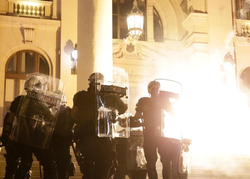 Thousands gathered in front of the Serbian Parliament to protest the new coronavirus measures. EPA