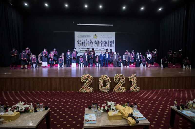 Ajman, United Arab Emirates - Group shot of the graduates at the Al Shola American School first in-person graduation for 12 graders.  Leslie Pableo for The National for Amir's story