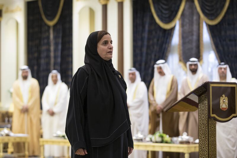 ABU DHABI, UNITED ARAB EMIRATES - February 14, 2016: HH Sheikha Lubna Al Qasimi UAE Minister of State for Tolerance, gives an oath during a swearing-in ceremony for ministers of the United Arab Emirates.
( Ryan Carter / Crown Prince Court - Abu Dhabi )
--- *** Local Caption ***  20160214RC_C5_4190.jpg