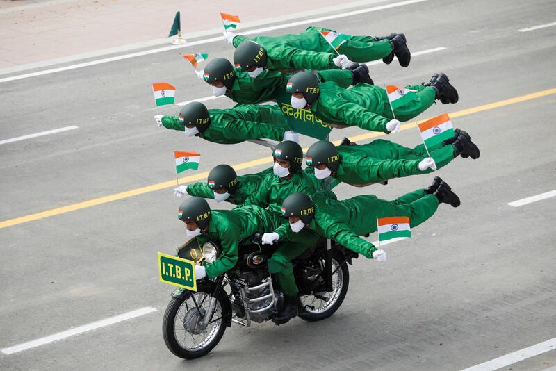 India’s Indo-Tibetan Border Police "Daredevils" motorcycle riders perform in New Delhi. Reuters