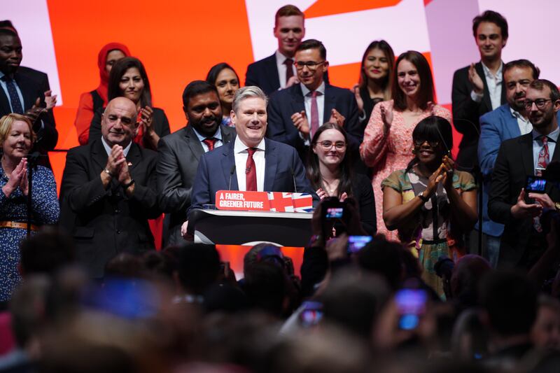 Britain's Labour Party leader Keir Starmer makes his keynote address during the Labour Party Conference at the Arena Convention Centre in Liverpool. PA