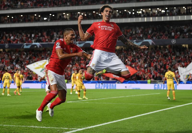 Darwin Nunez of Benfica celebrates scoring his side's third goal with Lucas Verissimo. Getty