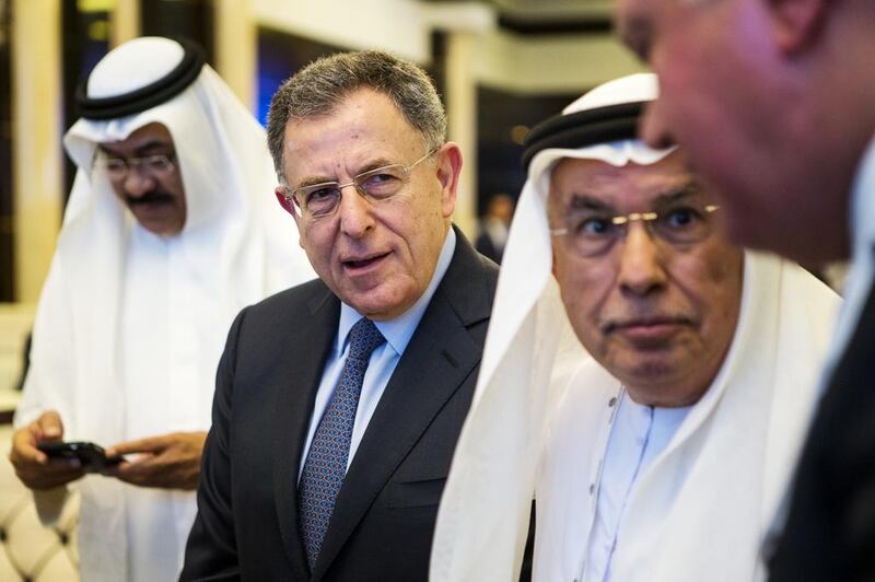 Fouad Siniora, centre, former prime minister of Lebanon, told a conference that reaching a comprehensive solution to the Palestinian-Israeli conflict was a necessity. Christopher Pike / The National