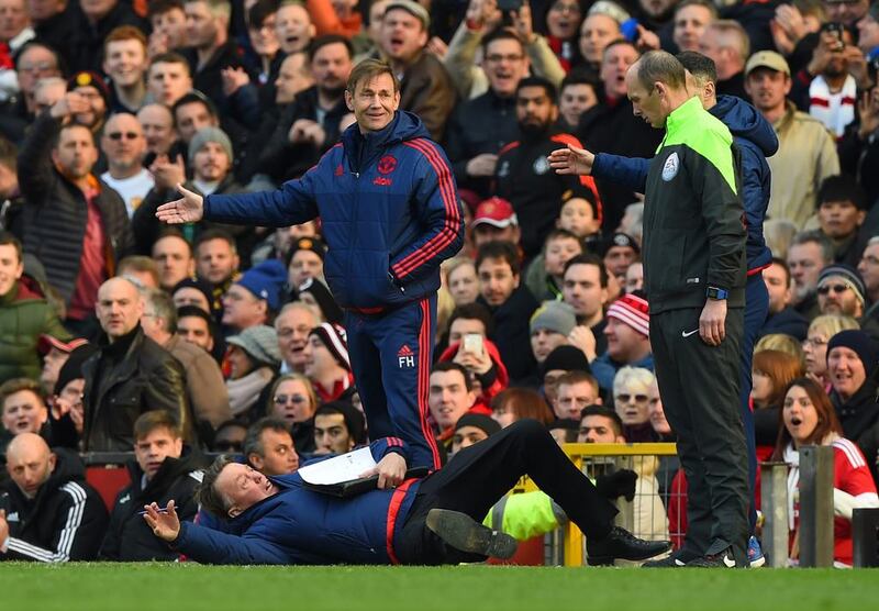 Louis van Gaal, Manager of Manchester United makes a point to the fourth official during the Barclays Premier League match between Manchester United and Arsenal at Old Trafford on February 28, 2016 in Manchester, England. (Photo by Shaun Botterill/Getty Images)