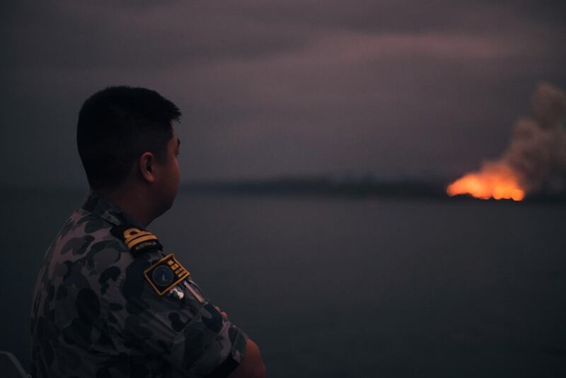 A Navy officer standing on the HMAS Adelaide while a bushfire burns on the coast of Eden, NSW, Australia.  Australian Department of Defence/ EPA