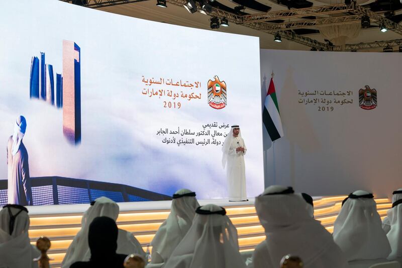 SAADIYAT ISLAND, ABU DHABI, UNITED ARAB EMIRATES - November 25, 2019: HE Dr Sultan Ahmed Al Jaber, UAE Minister of State, Chairman of Masdar and CEO of ADNOC Group (on stage), delivers a speech during the UAE Government annual meeting, at The St Regis Saadiyat Island Resort.

( Mohamed Al Hammadi / Ministry of Presidential Affairs )
---