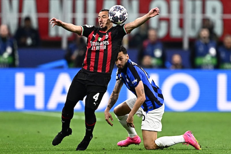 AC Milan's Ismael Bennacer, left, in action against Inter Milan during the Uefa Champions League semi-final first leg at the San Siro on May 10, 2023. AFP