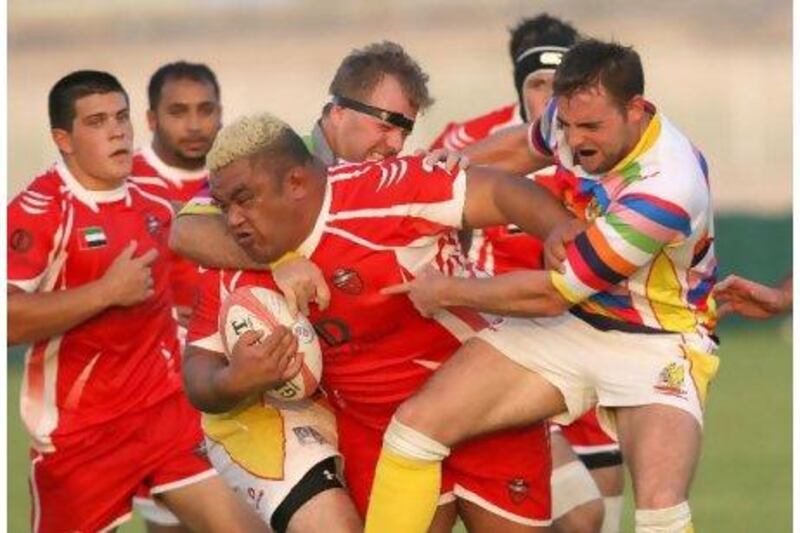 Trevor Leota, centre, the blockbusting Samoan hooker now plying his trade in Dubai, is looking forward to meeting old friends when his former club London Wasps travel to Abu Dhabi later this month. Paulo Vecina / The National
