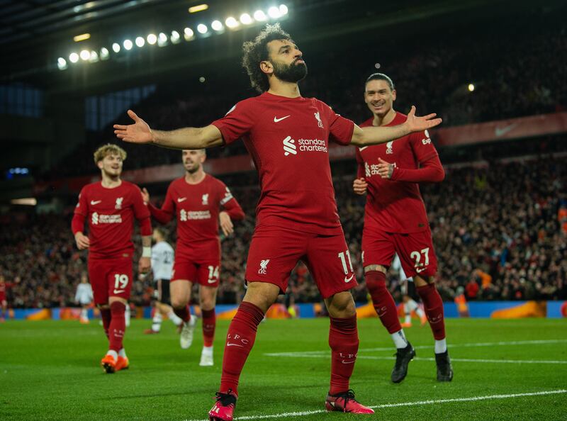 Liverpool's Mohamed Salah celebrates after scoring his team's fourth goal against Manchester United on Sunday, March 5, 2023. Liverpool thrashed United 7-0 at Anfield. EPA