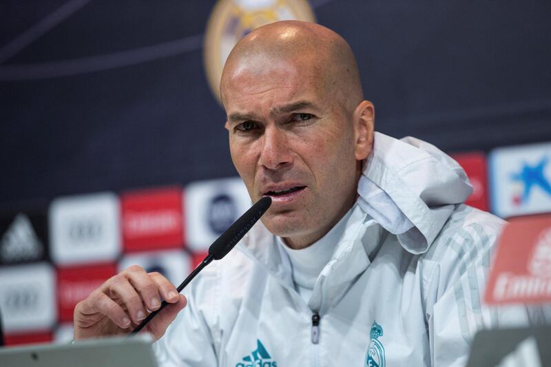 epa06651910 Real Madrid's head coach, Zinedine Zidane, addresses a press conference after the team's training session at Valdebebas sport city in Madrid, Spain, 07 April 2018. Real Madrid will be facing Atletico de Madrid on 08 April 2018 at Bernabeu Stadium.  EPA/Rodrigo Jimenez