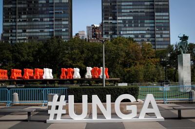 A sign sits in the empty North entrance plaza at United Nations headquarters during the 75th annual U.N. General Assembly high-level debate, which is being held mostly virtually due to the coronavirus disease (COVID-19) pandemic in New York, U.S., September 21, 2020. REUTERS/Mike Segar