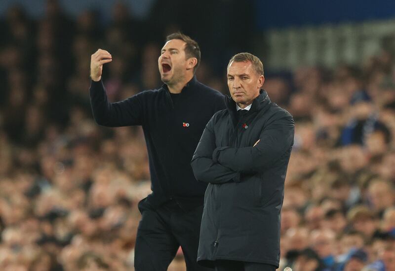 Everton manager Frank Lampard and Leicester's Brendan Rogers on the sidelines. Getty