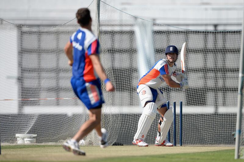 ABU DHABI, UNITED ARAB EMIRATES - OCTOBER 12:  England captain Alastair Cook bats during a nets session at Zayed Cricket Stadium on October 12, 2015 in Abu Dhabi, United Arab Emirates.  (Photo by Gareth Copley/Getty Images)