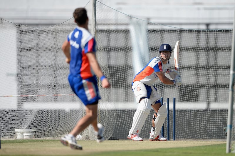 ABU DHABI, UNITED ARAB EMIRATES - OCTOBER 12:  England captain Alastair Cook bats during a nets session at Zayed Cricket Stadium on October 12, 2015 in Abu Dhabi, United Arab Emirates.  (Photo by Gareth Copley/Getty Images)
