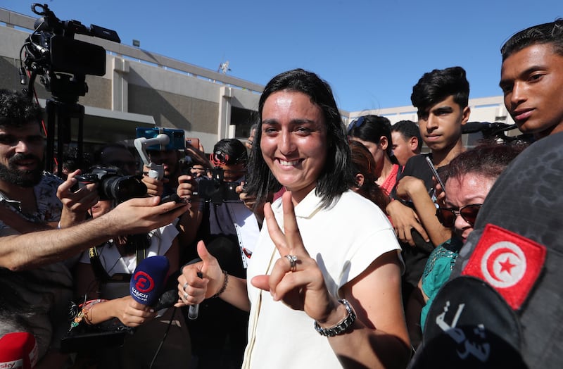 Tunisian tennis player Ons Jabeur greets supporters as she arrives in Tunis ,Tunisia. EPA