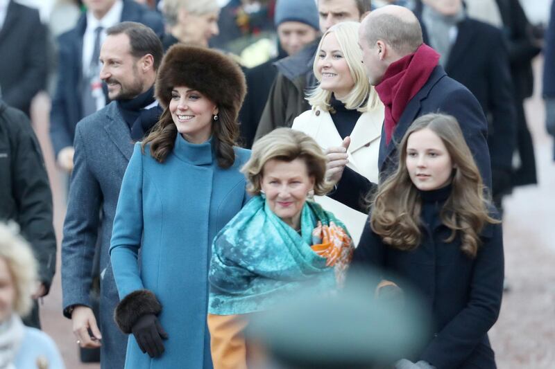From left: Crown Prince Haakon, Catherine, Duchess of Cambridge, Queen Sonja of Norway, Crown Princess Mette-Marit of Norway, Prince William, Duke of Cambridge and Princess Ingrid Alexandra of Norway exit the Royal Palace. Chris Jackson / Getty Images