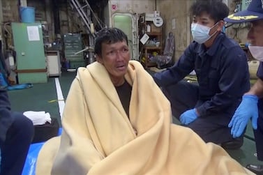A Filipino crew member from the missing livestock ship, Gulf Livestock 1, is seen after being rescued by the Japan Coast Guard off the coast of Japan, in this still image taken from video September 2, 2020 and provided by Japan Coast Guard. Video taken September 2, 2020. JAPAN COAST GUARD, 10TH REGIONAL COAST GUARD HEADQUARTERS/Handout via REUTERS TV ATTENTION EDITORS - THIS PICTURE WAS PROVIDED BY A THIRD PARTY. MANDATORY CREDIT
