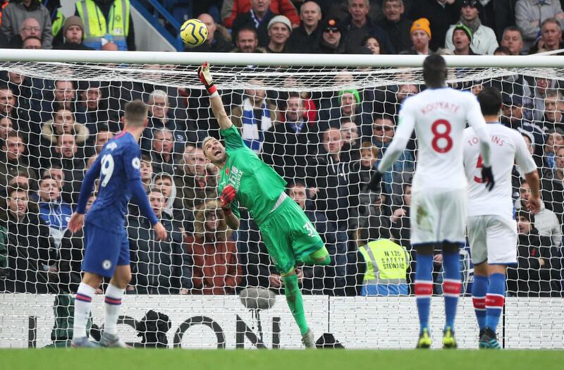 Crystal Palace's Vicente Guaita makes a save against Chelsea's Christian Pulisic. Reuters