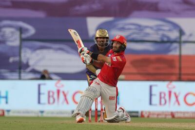 Glenn Maxwell of Kings XI Punjab plays a shot during match 24 of season 13 of the Dream 11 Indian Premier League (IPL) between the Kings XI Punjab and the Kolkata Knight Riders at the Sheikh Zayed Stadium, Abu Dhabi in the United Arab Emirates on the 10th October 2020. Photo by: Vipin Pawar  / Sportzpics for BCCI