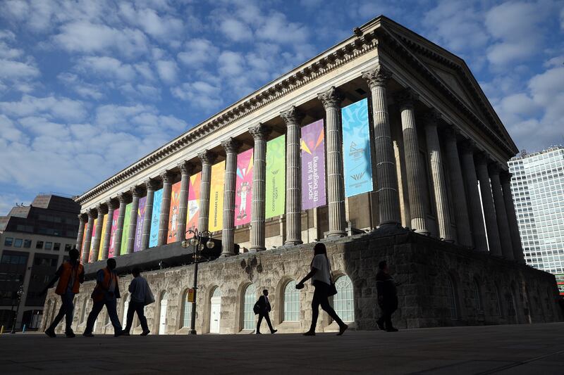 Commonwealth Games branding adorns the Birmingham Museum & Art Gallery, as the city prepares to host the games. Getty Images