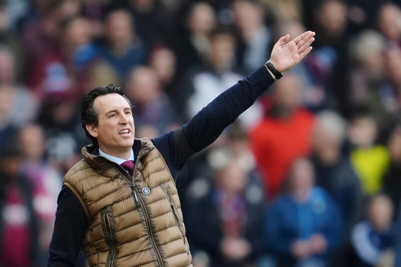 Aston Villa coach Unai Emery gives instructions. AP