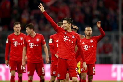 MUNICH, GERMANY - NOVEMBER 09: Robert Lewandowski of FC Bayern Muenchen celebrates victory after winning the Bundesliga match between FC Bayern Muenchen and Borussia Dortmund at Allianz Arena on November 09, 2019 in Munich, Germany. (Photo by Alexander Hassenstein/Bongarts/Getty Images)