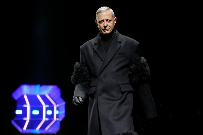 US actor Jeff Goldblum presents a creation for Prada's Men's autumn/winter 2022/23 fashion collection at Milan men's fashion week on January 16, 2022. AP