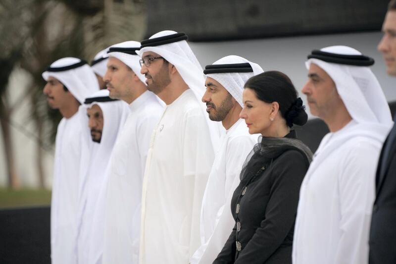 ABU DHABI, UNITED ARAB EMIRATES - March 23, 2019: 
HH Lt General Sheikh Saif bin Zayed Al Nahyan, UAE Deputy Prime Minister and Minister of Interior, Sonja Klima General Managing Director of the Spanish Riding School, HH Sheikh Abdullah bin Zayed Al Nahyan, UAE Minister of Foreign Affairs and International Cooperation, HE Dr Sultan Ahmed Al Jaber, UAE Minister of State, Chairman of Masdar and CEO of ADNOC Group and HE Khaldoon Khalifa Al Mubarak, CEO and Managing Director Mubadala, Chairman of the Abu Dhabi Executive Affairs Authority and Abu Dhabi Executive Council Member, stand for the nationals anthem prior to an equestrian performance by the Spanish Riding School of Vienna, at Emirates Palace.

( Ryan Carter / Ministry of Presidential Affairs )
---
