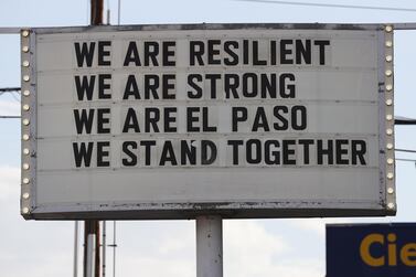 A sign is posted near the scene of a mass shooting at a Walmart, which left at least 20 people dead on August 4, 2019 in El Paso, Texas, US. Getty