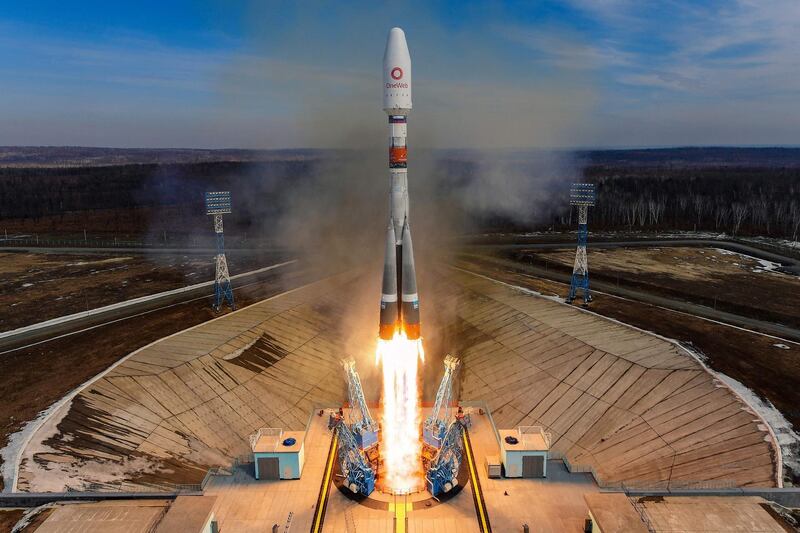A Soyuz-2.1b rocket booster with a Fregat upper stage and 36 UK telecommunications and internet satellites blasts off from the Vostochny Cosmodrome in Russia's far east. AFP Photo / Russian space agency Roscosmos