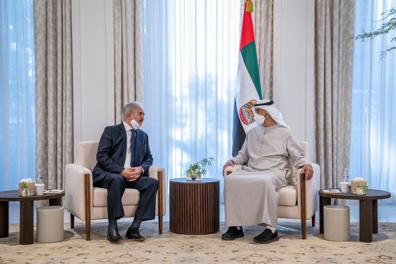 President Sheikh Mohamed receives condolences from Field Marshal Khalifa Haftar, Commander of the Libyan National Army, on the death of Sheikh Khalifa. Seen at Al Shati Palace.