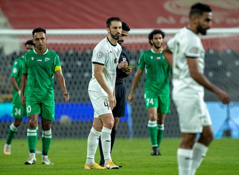 Arabian Gulf League final round: Al Jazira v Khorfakkhan at Mohamed bin Zayed stadium. Kosanovic of Jazira gets hs first yellow card during the first half of the game on May 11th, 2021. Victor Besa / The National.