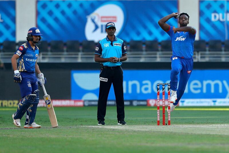 Kagiso Rabada of Delhi Capitals  bowling during match 51 of season 13 of the Dream 11 Indian Premier League (IPL) between the Delhi Capitals and the Mumbai Indians held at the Dubai International Cricket Stadium, Dubai in the United Arab Emirates on the 31st October 2020.  Photo by: Saikat Das  / Sportzpics for BCCI