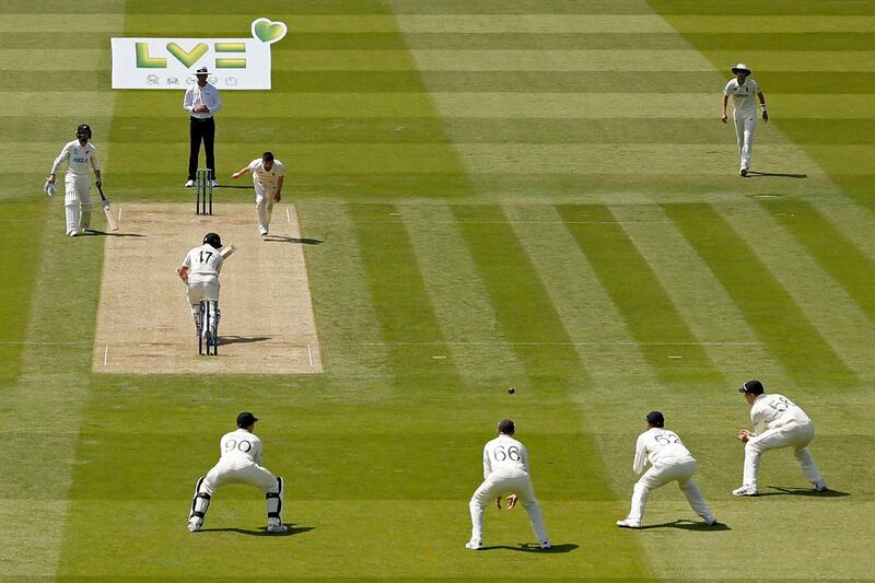 England slip fielder Dom Sibley, second right, prepares to take a catch to dismiss New Zealand's BJ Watling off the bowling of Mark Wood. AFP