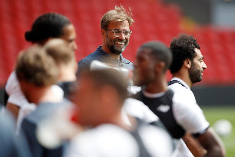 Liverpool manager Jurgen Klopp and Mohamed Salah during training. Carl Recine / Reuters